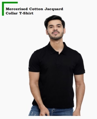 Mercerised Cotton Jacquard Collar T-Shirt
(Black)