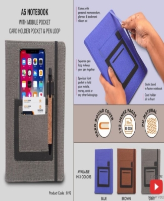 A5 notebook with mobile pocket, card holder pocket & pen loop by Castillo Milano | Made in India