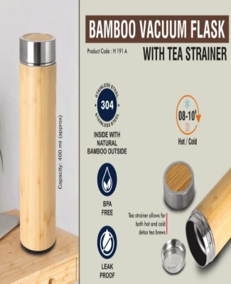 Stainless steel Bamboo Vacuum flask with Tea Strainer | Capacity 400 ml approx