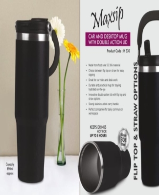 MaxSip: Car and Desktop Vacuumized Mug with Double action Lid | Flip top & Straw options | Food safe SS 304 | Capacity 890ml approx