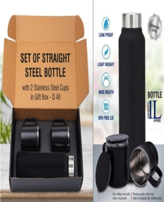 Set of Black Stainless Steel Bottle with 2 Stainless steel cups in Gift box | Bottle capacity 1L approx
