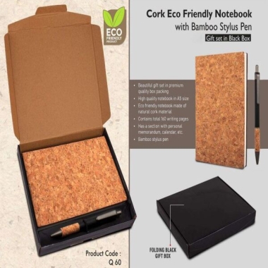 Cork Notebook with Cork Grip Velvet touch pen | Gift set in Black Texture box