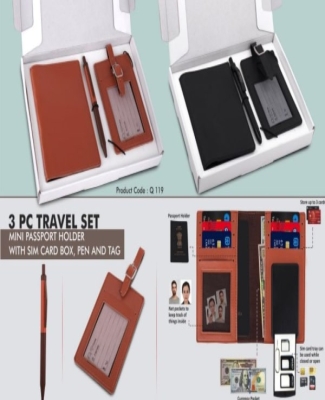 3 pc Travel set: Mini Passport holder with Sim card box, Luggage tag & Metal Pen in Gift box