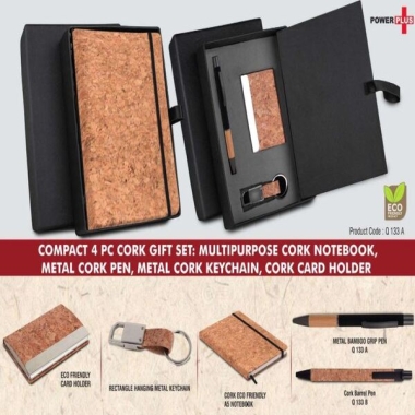 Compact 4 pc Eco gift set: Multipurpose Cork Notebook, Metal Cork pen, Metal Cork Keychain, Cork Card holder