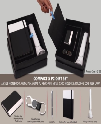 Compact 5 Pc Gift Set: A5 Size Notebook, Metal Pen, Metal Pu Keychain, Metal Card Holder & Folding COB Desk Lamp