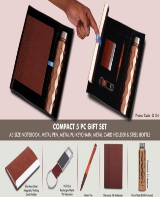 Compact 5 Pc Tan Gift Set: A5 Size Notebook, Metal Pen, Metal Pu Keychain, Metal Card Holder & Prism Steel Bottle