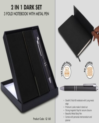 2 in 1 Dark Set: 3 fold Notebook with Metal Pen