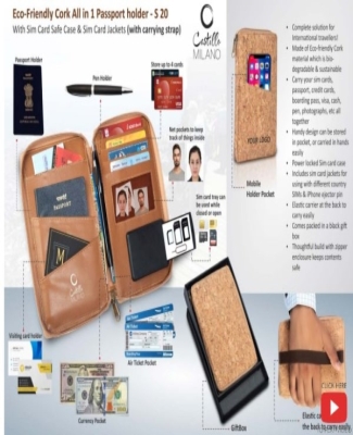 Eco-Friendly Cork All in 1 Passport holder With Sim Card Safe Case & Sim Card Jackets (with carrying strap)