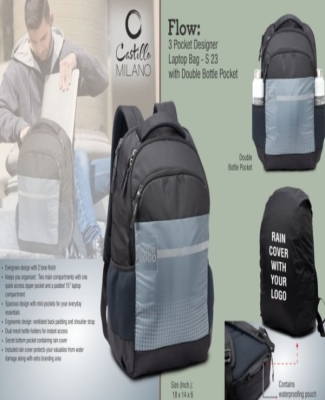 Flow: 3 pocket Designer laptop bag with double bottle pocket and rain cover
