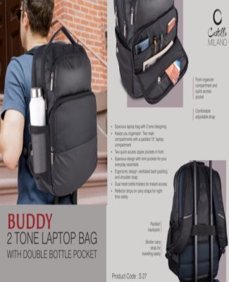 Buddy: 2 tone Laptop bag with double bottle pocket | Front organizer compartment and quick access pocket | Padded backpack
