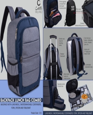 Backpack Lunch bag kit combo : Backpack with Lunchbox, 2 microwaveable containers, Fork, spoon and tablemat