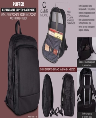 Puffer: Expandable laptop backpack bag with 2 front pockets, hidden back pocket and Stroller ribbon