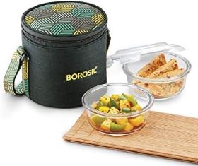FOODLUCK GLASS LUNCH BOX (ROUND - SET OF 2 GREEN) - VERTICAL
