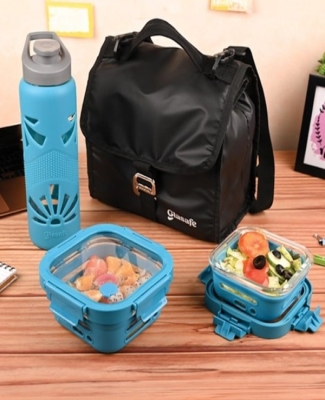 Carry & Go Combo 4 - 1pc Sillicon Bottle+ 1pc 320ml Tiffin+ 1pc 520ml Tiffin+ 1pcGrip 'N' Go Lunch Bag