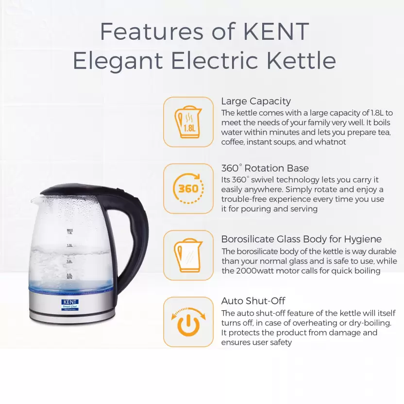 KENT ELEGENT ELECTRIC GLASS KETTLE 1.8L