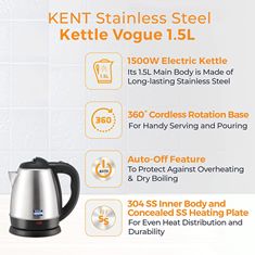 KENT VOGUE STAINLESS STEEL KETTLE 1.5L