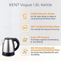 KENT VOGUE STAINLESS STEEL KETTLE 1.8L