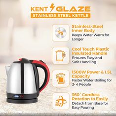 KENT GLAZE STAINLESS STEEL KETTLE 1.5 L