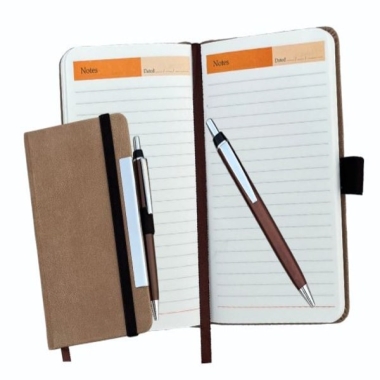 Palm size hard bound notebook with metal pen (144 Pages) Size : 152 X 88 mm, Camel/Tan