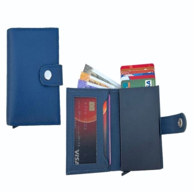 RFID Pop-up Card Case - Genuine Leather, Blue
