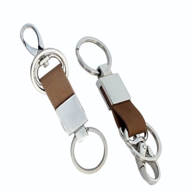Double Ring Key Ring with Dog Hook - Leatherette, Camel/Tan