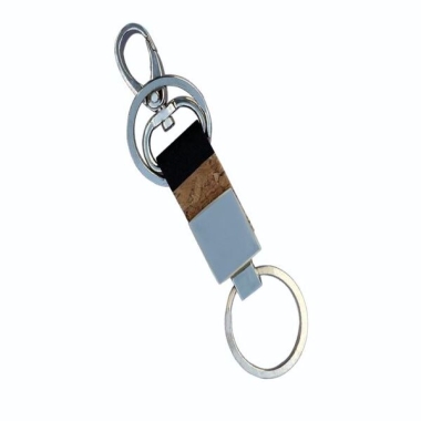 Double Ring Key Ring with Dog Hook - Leatherette, Black+Cork