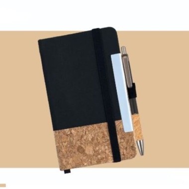 Palm size hard bound notebook with metal pen (144 Pages) Size : 152 X 88 mm, Black + Cork