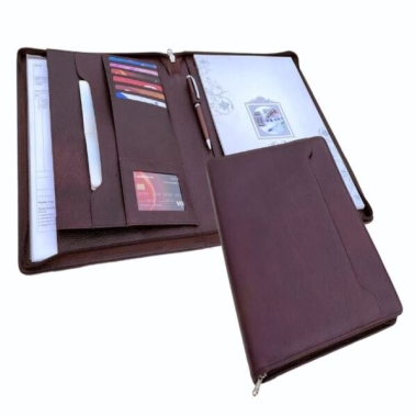 A4 Zipper Folder with Multiple Sections (without pen) (with pad)-  GENUINE LEATHER , Brown