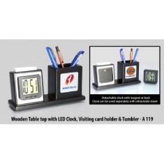 Wooden Table top with Detachable LED Clock, Visiting card holder and
Tumbler (Branding included) (MOQ: 100) A119