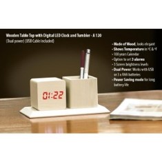 Wooden Tabletop with Digital LED Clock and tumbler (Dual power) (USB Cable included) A120
