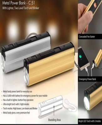 Metal Power bank with Lighter, two level Torch and blinker C51