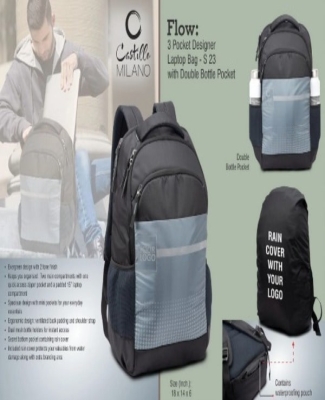 Flow: 3 pocket Designer laptop bag with double bottle pocket and rain cover