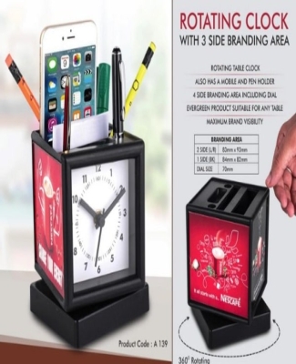 Rotating clock with 3 side branding area | Has pen stand & large stationery holder