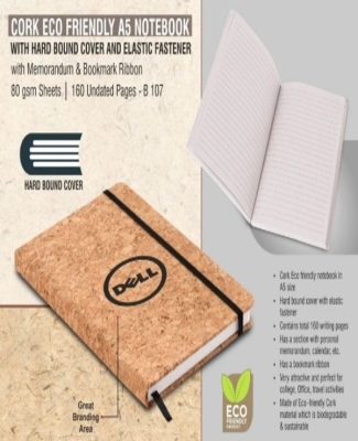 Cork Eco friendly A5 notebook with Hard bound cover and Elastic fastener | With memorandum & Bookmark ribbon | 80 gsm sheets | 160 undated pages