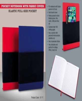 Pocket notebook with Fabric cover | Elastic full size pocket | A5 size | Hard bound cover | With memorandum & Bookmark ribbon| 80 gsm sheets | 160 und