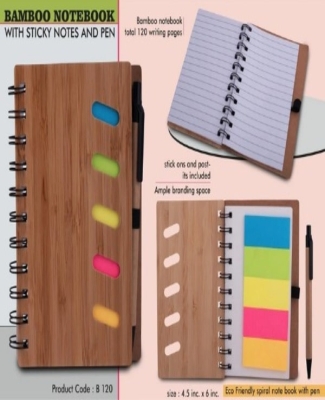 Bamboo notebook with sticky notes and pen