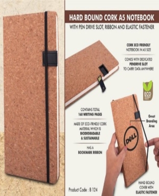 Hard bound Cork A5 notebook with Pen Drive Slot, Ribbon and elastic fastener