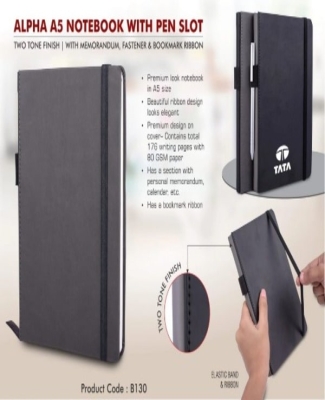 Alpha A5 notebook with Pen Slot | Two tone finish | With memorandum, Fastener & Bookmark ribbon
