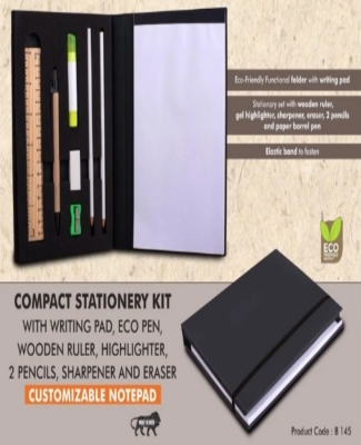 Compact Stationery kit with Writing pad, Eco Pen, Wooden Ruler, Highlighter, 2 Pencils, Sharpener and Eraser | Customizable notepad