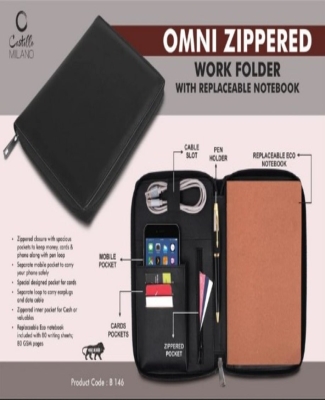 Omni Zippered Work folder with Notebook | Pockets for cards, phone, pen, cables, etc