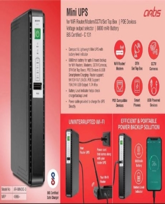 Artis Mini UPS For WiFi Router/Modem/CCTV/Set Top Box/POE Devices | Voltage output selector | 8800 mAh Battery | BIS Certified (AR-MINIDC-3) (MRP 4999