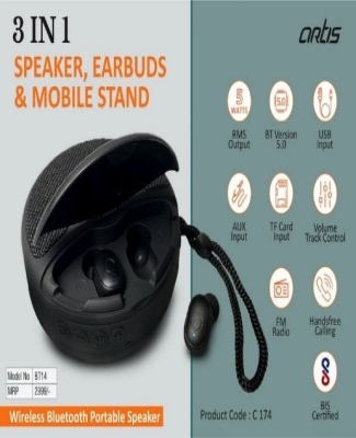 Artis BT14 speaker with earbuds and phone stand | MRP 2999