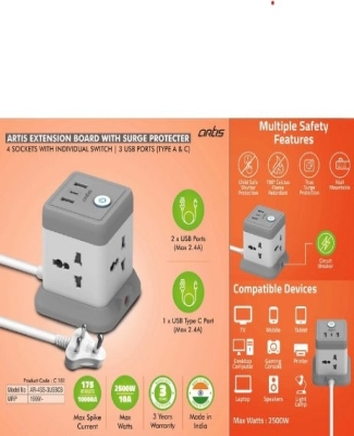 Artis Extension board with surge protector | 4 sockets with individual switch | 3 USB ports (Type A & C) (AR-4SS-3USBCB) (MRP 1999)