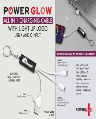 PowerGlow All in 1 Charging cable with light up logo | Supports Data Function in Type C port | USB A and C input