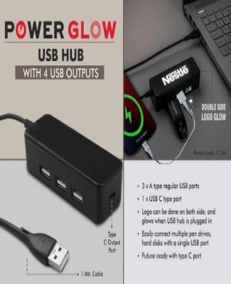 PowerGlow USB hub with 4 USB outputs | Double side Logo Glow | Type C output port | 1 mtr cable