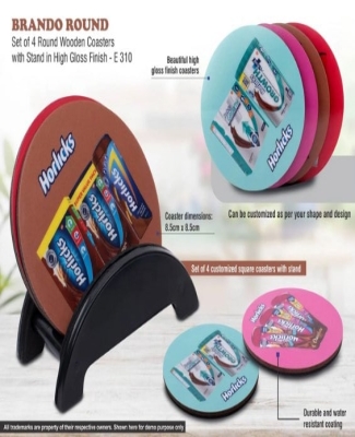 Brando Round: Set of 4 Round Wooden coasters with Stand in High Gloss Finish