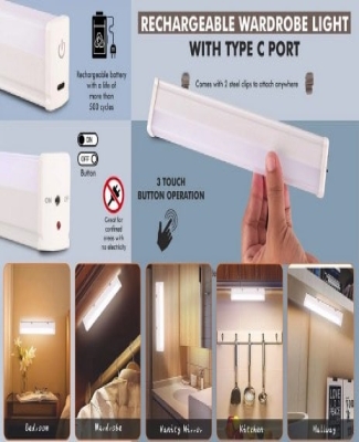 Rechargeable wardrobe light With Type C port | Touch sensor button | 3 step brightness | Metal clamp & screws included