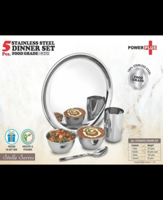 5 pc Stainless Steel Dinner set | Set of 1 Plate, 2 bowls, 1 glass and 1 spoon