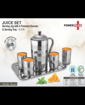 Juice Set: Stainless Steel serving Jug with 4 Premium glasses and Serving Tray