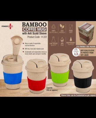 Bamboo Coffee mug: Eco friendly mug with flip top Lid and Anti-Scald sleeve | Capacity 250 ml